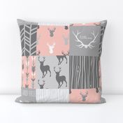 Wholecloth Quilt- Coral  and Grey Deer a Patchwork  Squares