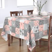 Wholecloth Quilt- Coral  and Grey Deer a Patchwork  Squares