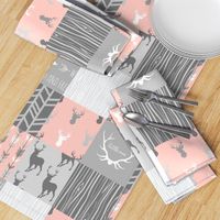 Wholecloth Quilt- Coral  and Grey Deer a Patchwork  Squares