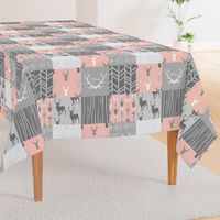 Wholecloth Quilt- Coral  and Grey Deer a Patchwork  Squares