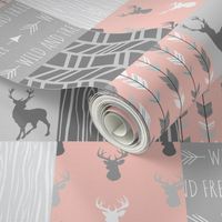 Wholecloth Quilt- Coral  and Grey Deer a Patchwork  Squares