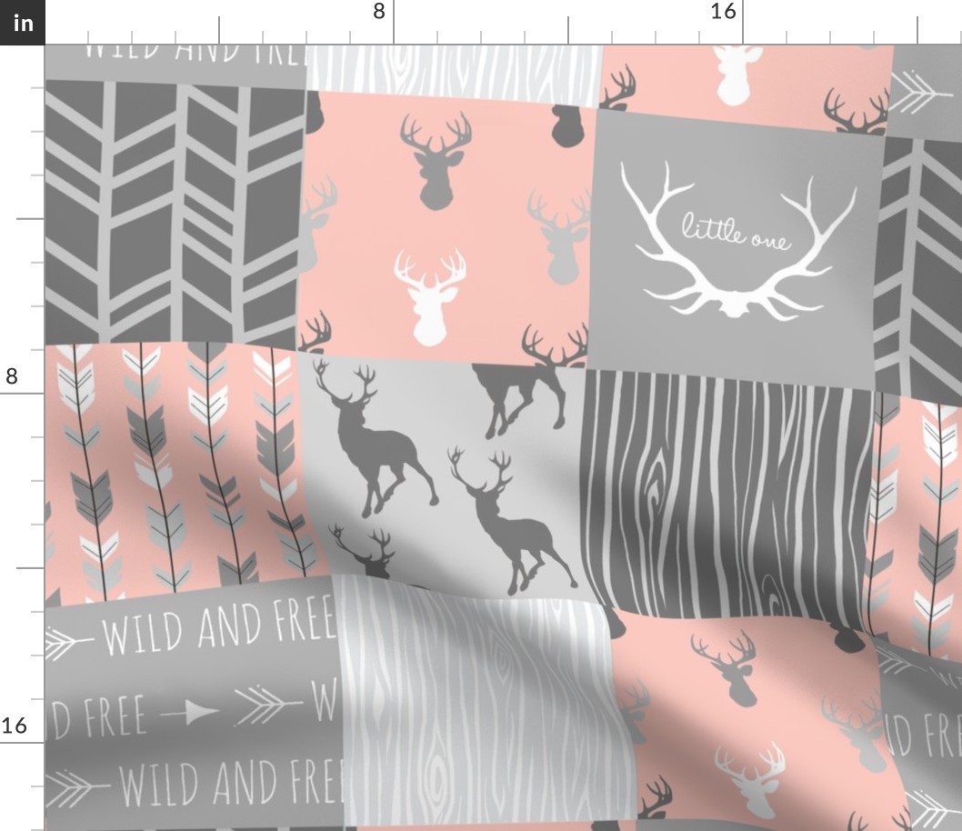 Wholecloth Quilt- Coral  and Grey Deer a Patchwork  Squares