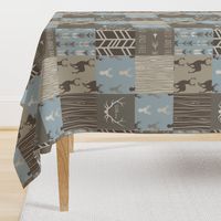 Wholecloth Quilt- Taupe and Blue -Deer Antlers a patchwork Quilt - Woodland neutrals - Hunting