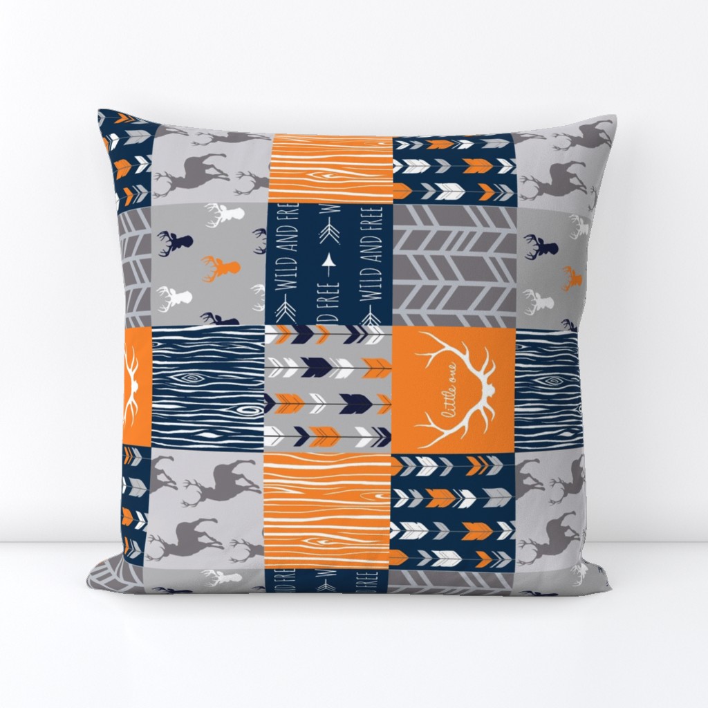 4” Wholecloth Quilt- Navy, Orange, Grey -Patchwork Deer Arrows Woodgrain