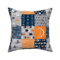 4” Wholecloth Quilt- Navy, Orange, Grey -Patchwork Deer Arrows Woodgrain