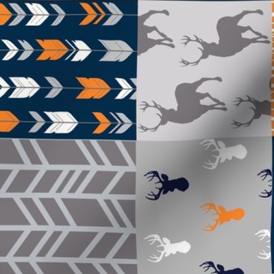 4” Wholecloth Quilt- Navy, Orange, Grey -Patchwork Deer Arrows Woodgrain