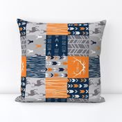 4” Wholecloth Quilt- Navy, Orange, Grey -Patchwork Deer Arrows Woodgrain