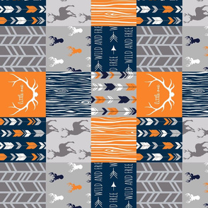 4” Wholecloth Quilt- Navy, Orange, Grey -Patchwork Deer Arrows Woodgrain