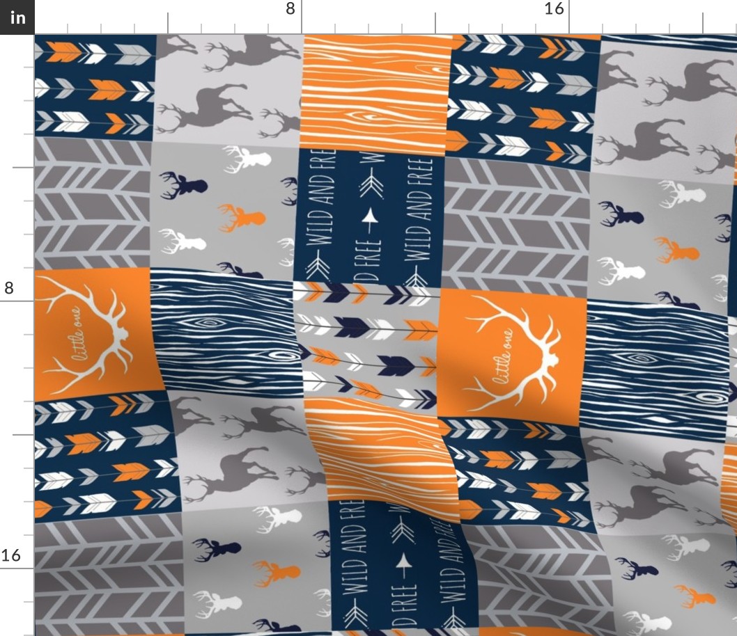 4” Wholecloth Quilt- Navy, Orange, Grey -Patchwork Deer Arrows Woodgrain