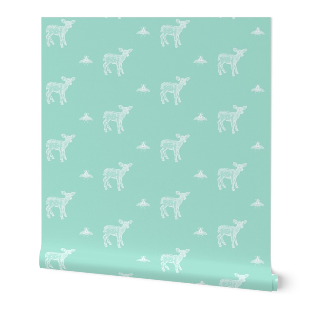 Deer and Bee on Pastel Blue Green