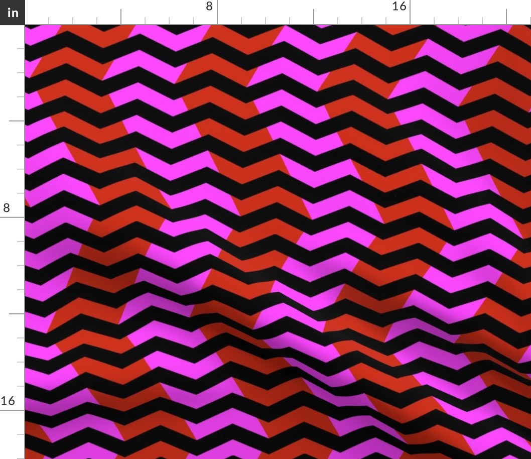 wavy chevron - red, hot pink and black