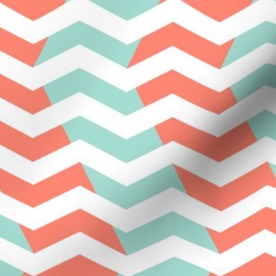 wavy chevron - mint and coral on white