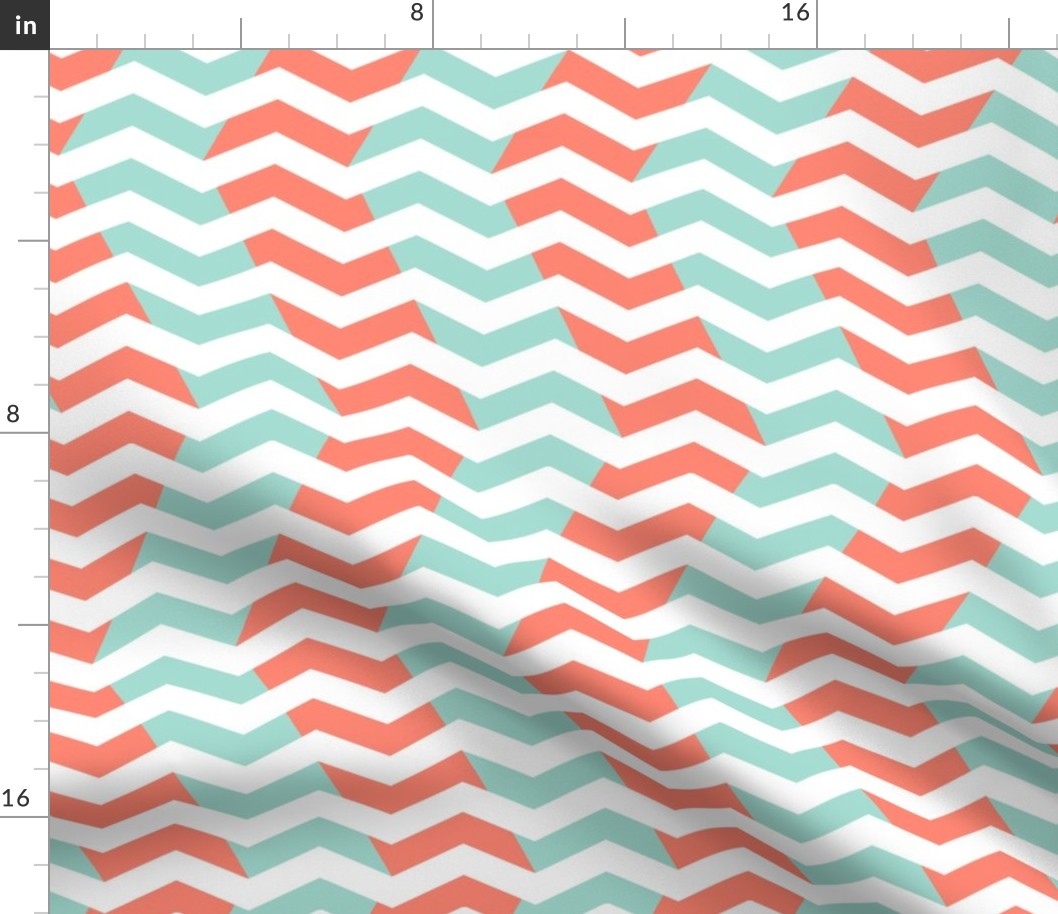 wavy chevron - mint and coral on white