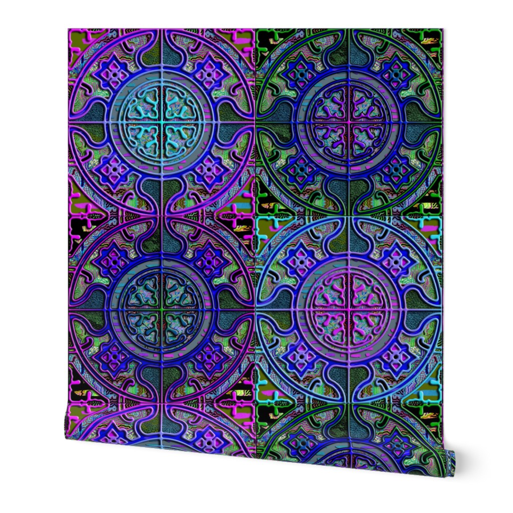 MANDALA TILE CHECK BLUE PURPLE GREEN PLUM FIG LEAVES PSMGE