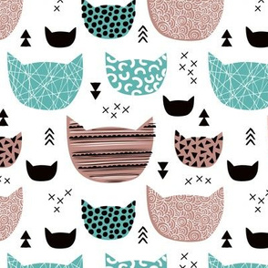 Inky texture kittens and cats fun print with geometric abstract details mint beige