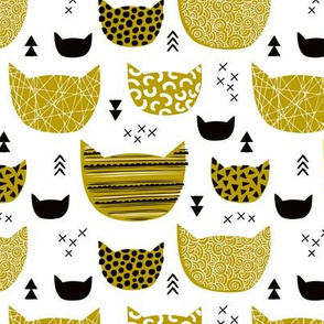 Inky texture kittens and cats fun print with geometric abstract details gender neutral ochre