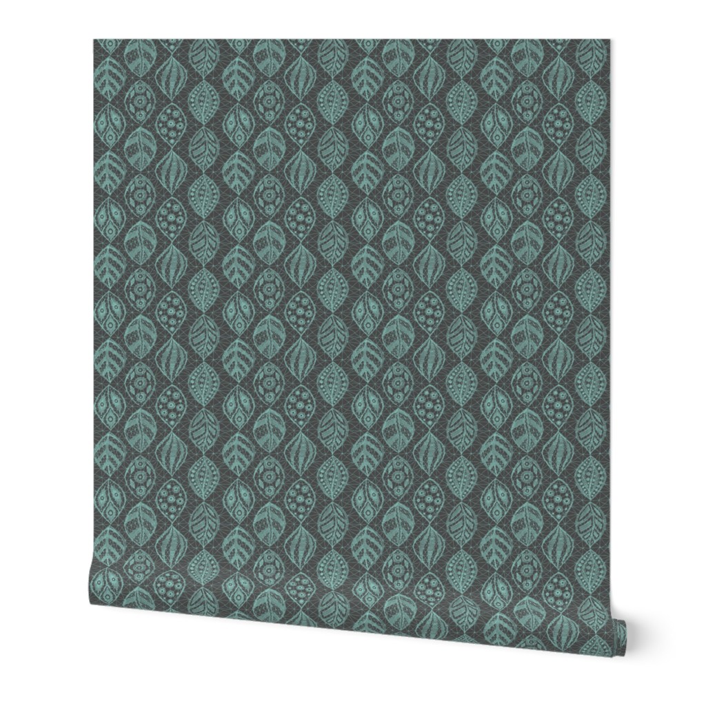 Lace Leaves - Turquoise, Grey  