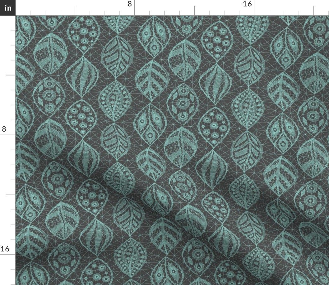 Lace Leaves - Turquoise, Grey  