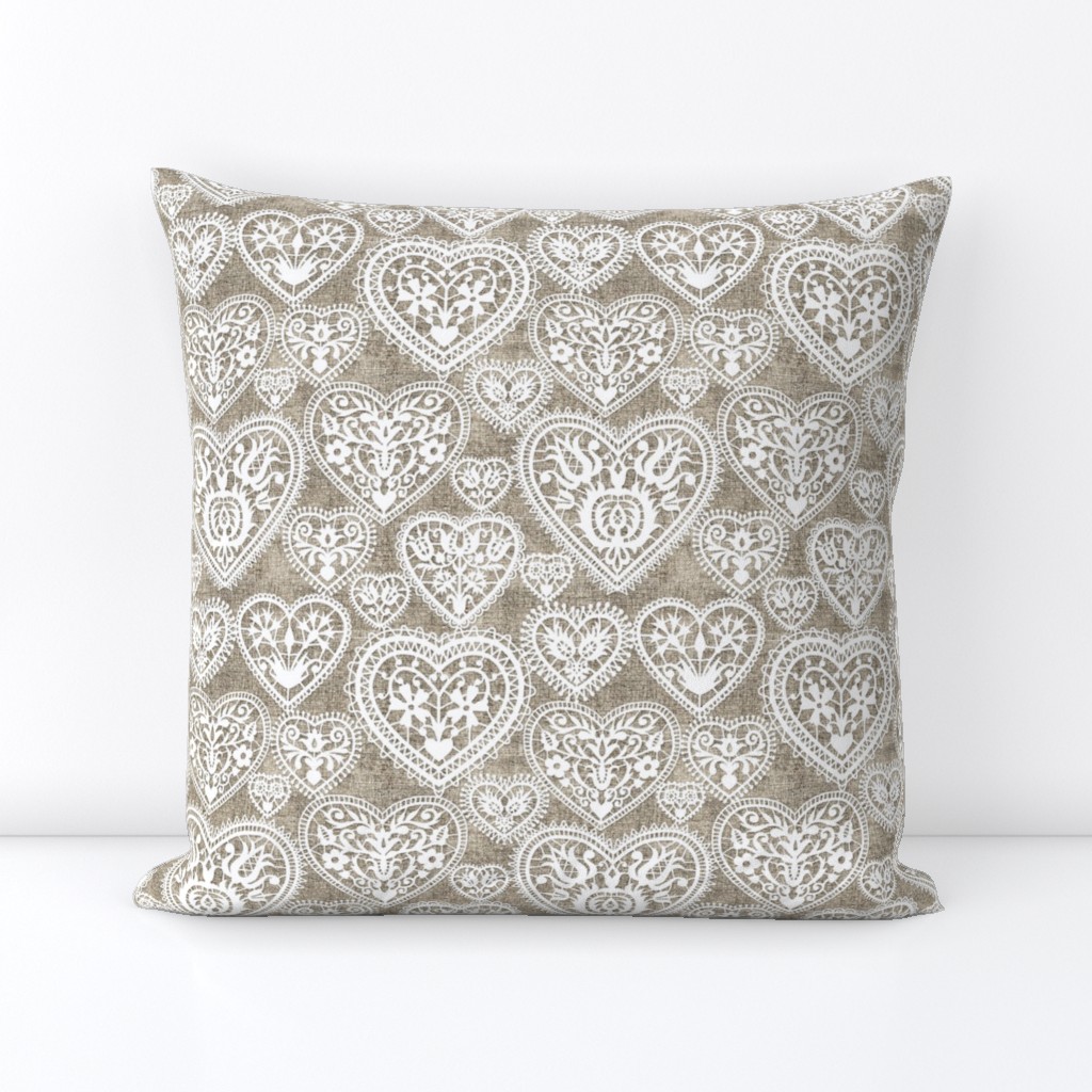 folk lace hearts on linen