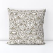 folk lace hearts on linen