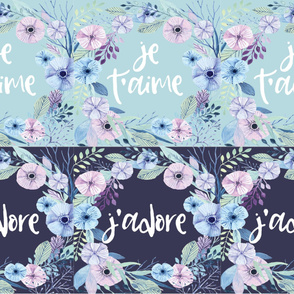 6 French Loveys - J'Adore J'e T'aime - Floral wreath - Blue - Light minty teal