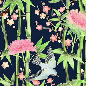 Bamboo, Birds and Blossoms on Indigo