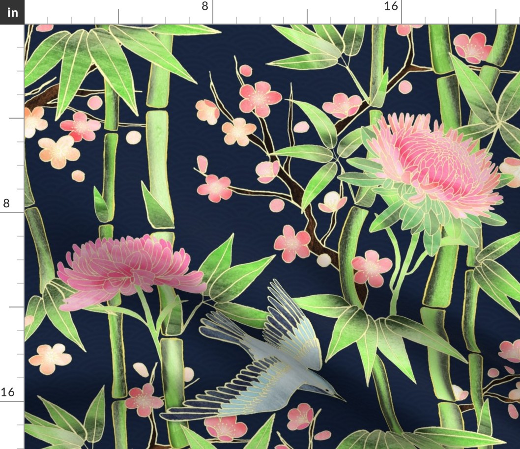 Bamboo, Birds and Blossoms on Indigo