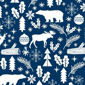 Woodland Christmas navy holiday winter fabric bear reindeer holly christmas tree ornaments