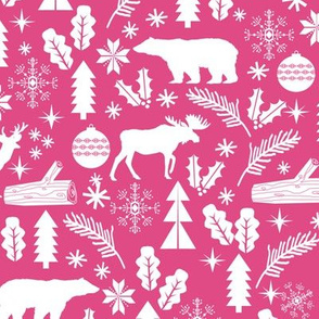 Woodland Christmas pink holiday winter fabric bear reindeer holly christmas tree ornaments