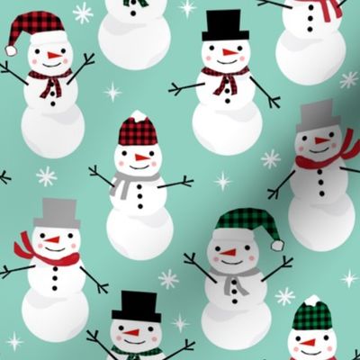 Snowman winter holiday mint christmas fabric snowflakes north pole 