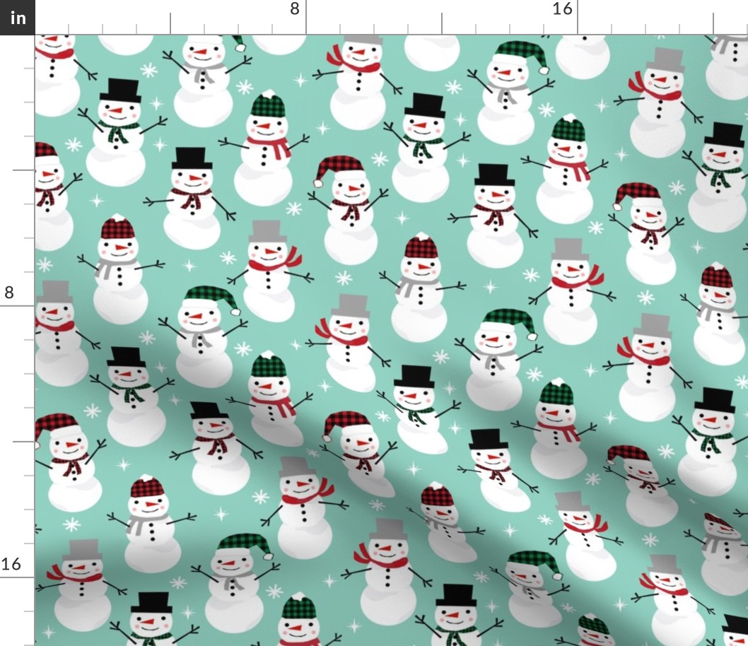 Snowman winter holiday mint christmas fabric snowflakes north pole 