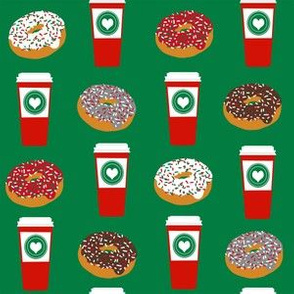 Donuts and coffee christmas green fabric holiday themed patterns for sewing clothing and home