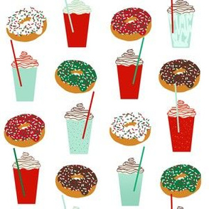 Donuts and coffee christmas white fabric holiday themed patterns for sewing clothing and home