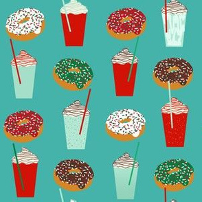 Donuts and coffee christmas fabric teal holiday themed patterns for sewing clothing and home decor