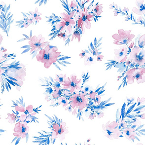 Watercolor floral in royal blue and dusty pink