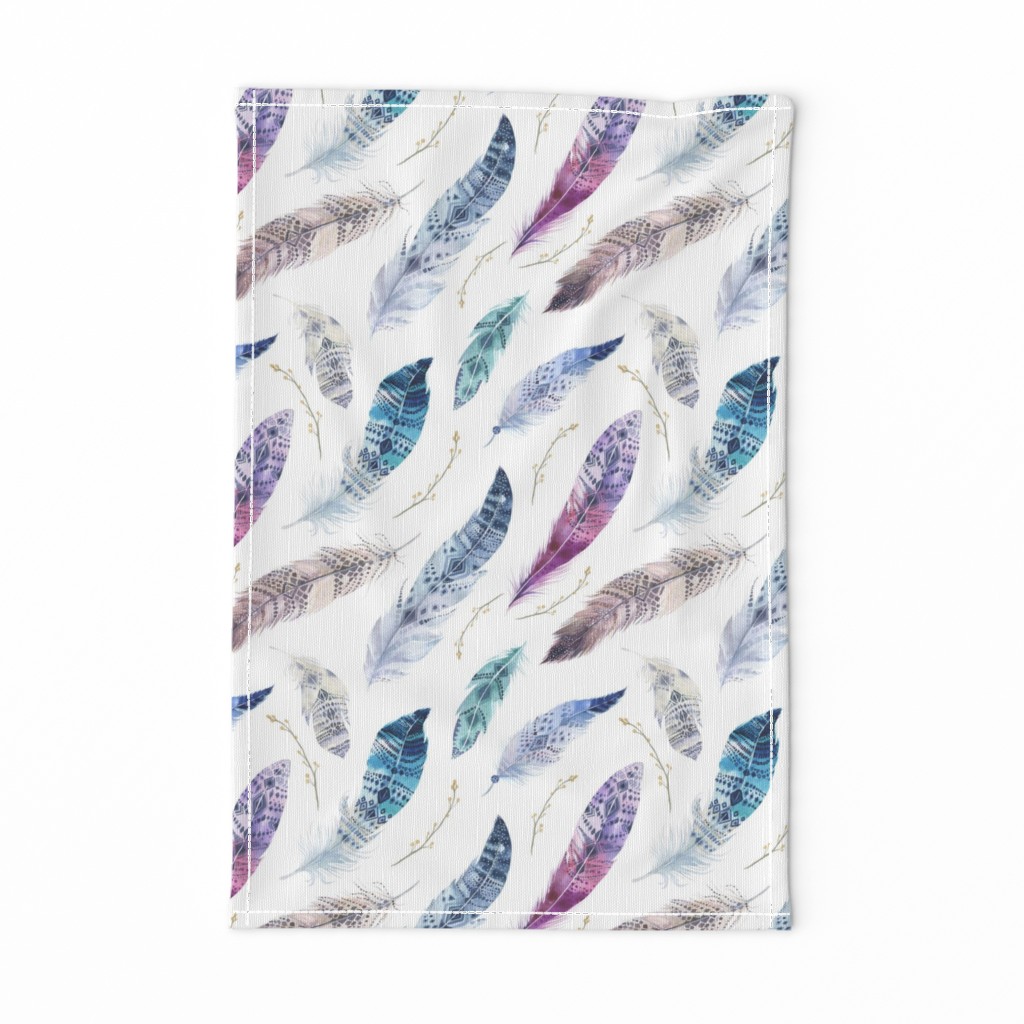  Seamless pattern with bright boho watercolor feathers. 