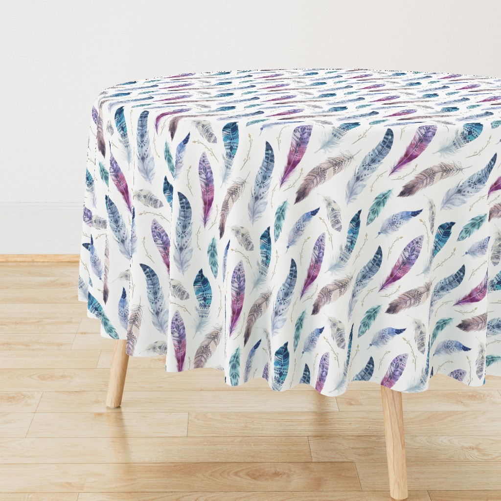  Seamless pattern with bright boho watercolor feathers. 