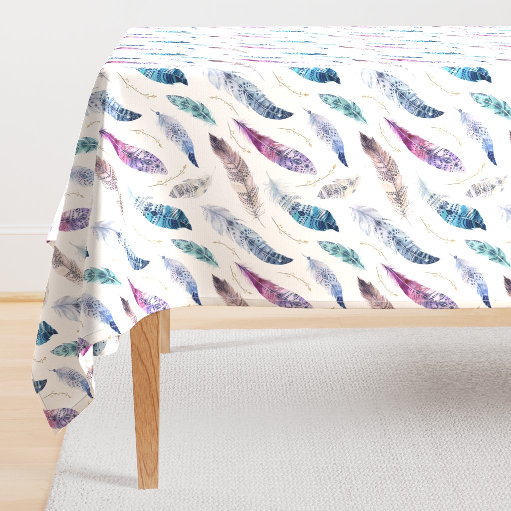  Seamless pattern with bright boho watercolor feathers. 