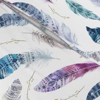  Seamless pattern with bright boho watercolor feathers. 