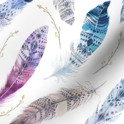  Seamless pattern with bright boho watercolor feathers. 