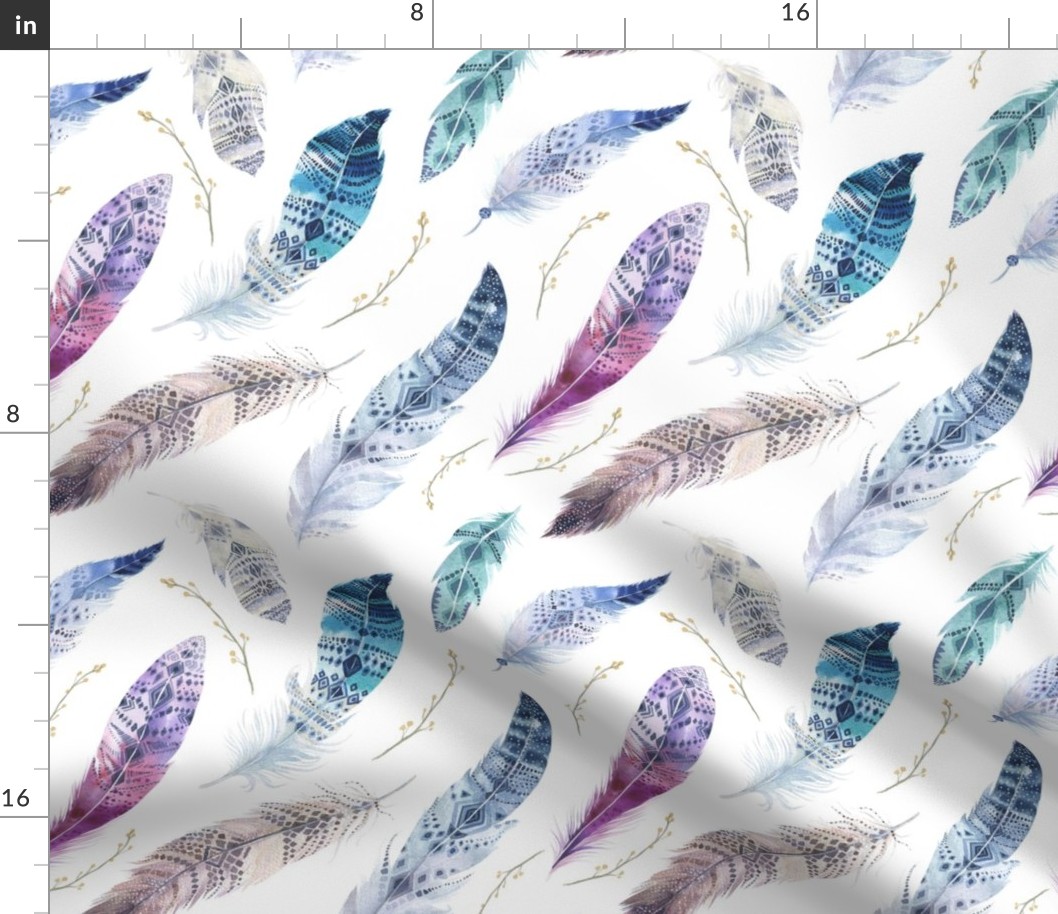  Seamless pattern with bright boho watercolor feathers. 