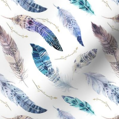  Seamless pattern with bright boho watercolor feathers. 