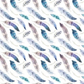  Seamless pattern with bright boho watercolor feathers. 