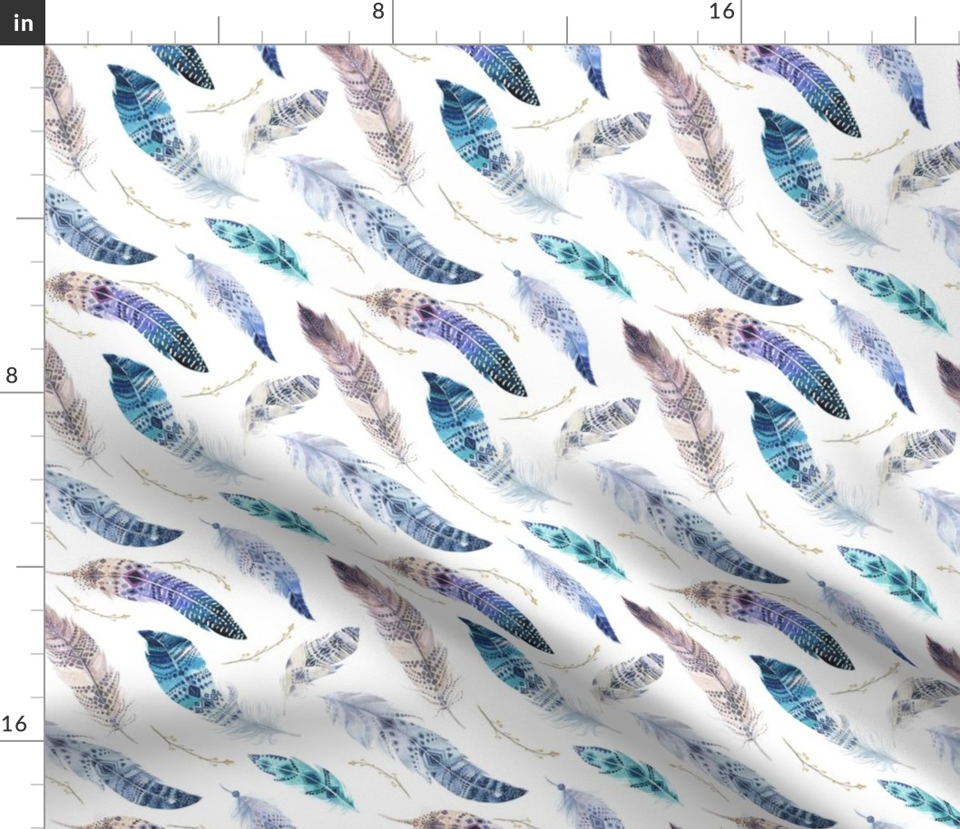  Seamless pattern with bright boho watercolor feathers. 