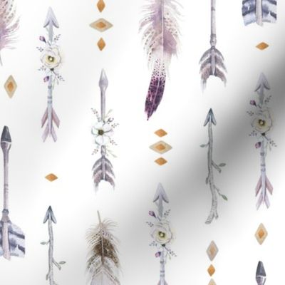  Seamless pattern with bright boho watercolor feathers and arrows