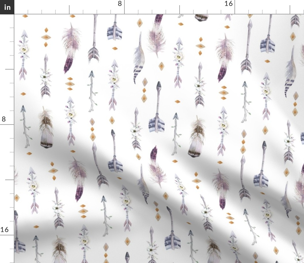  Seamless pattern with bright boho watercolor feathers and arrows