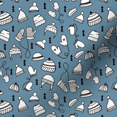 Ice cold winter season mittens and hats geometric kids illustration pattern design blue
