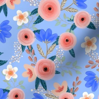 Blush pink roses and blue flowers on french blue