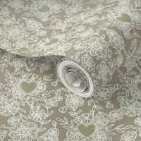 Floral lace and hearts on linen gray