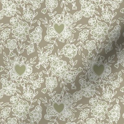 Floral lace and hearts on linen gray